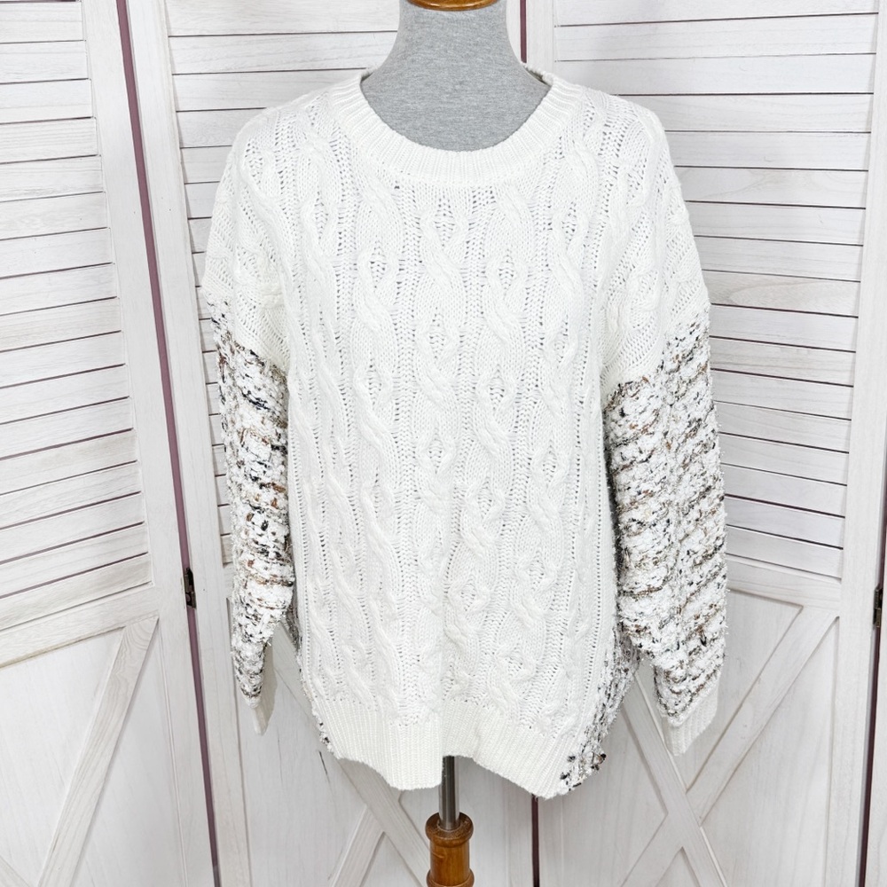 andthewhy Cable Knit Plaid Tweed‎ Knit Back Crew Neck Slouchy Sweater White Boho